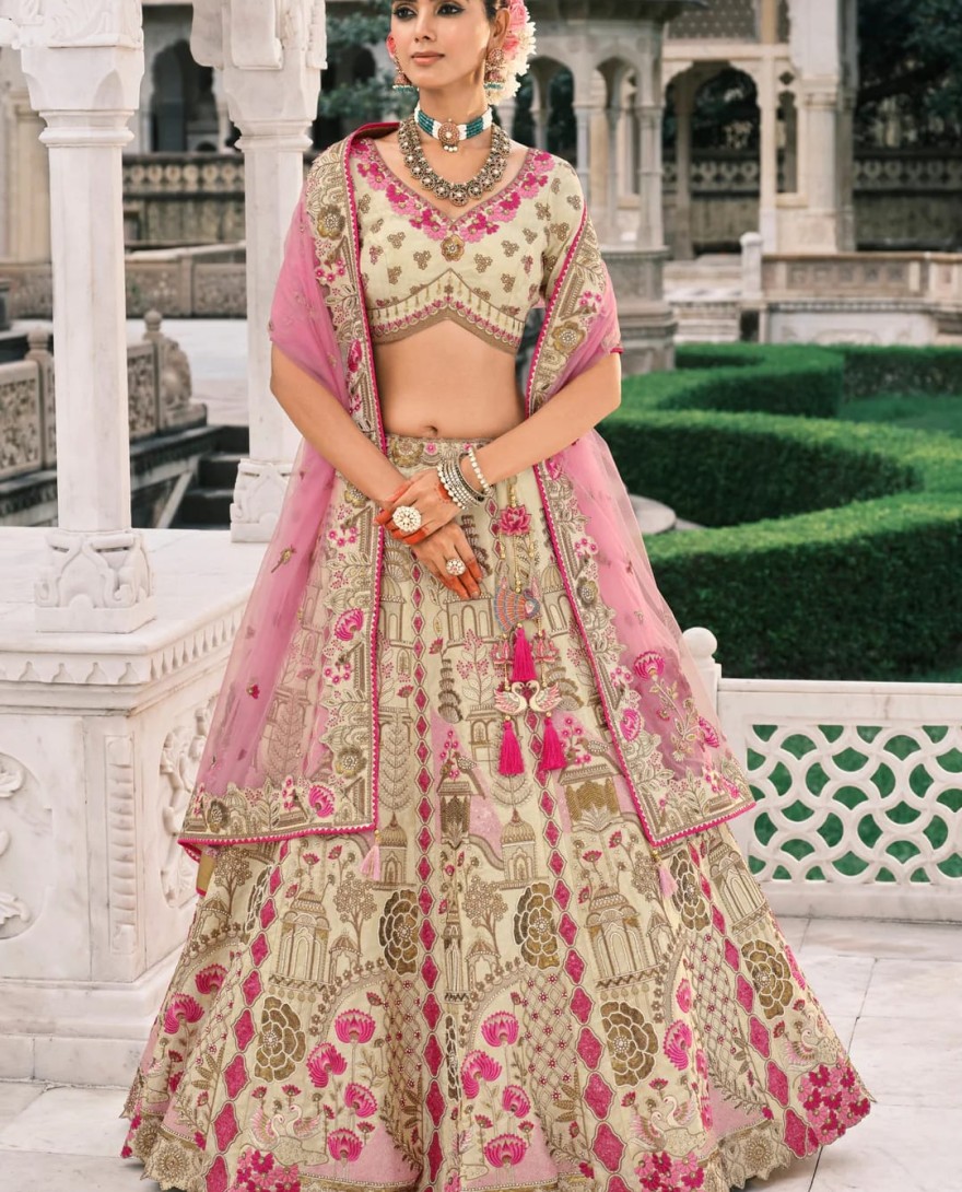 OFFWHITE - Off-White Fancy Silk Lehenga Choli With Cut Work Embroidery Border & Stone Work